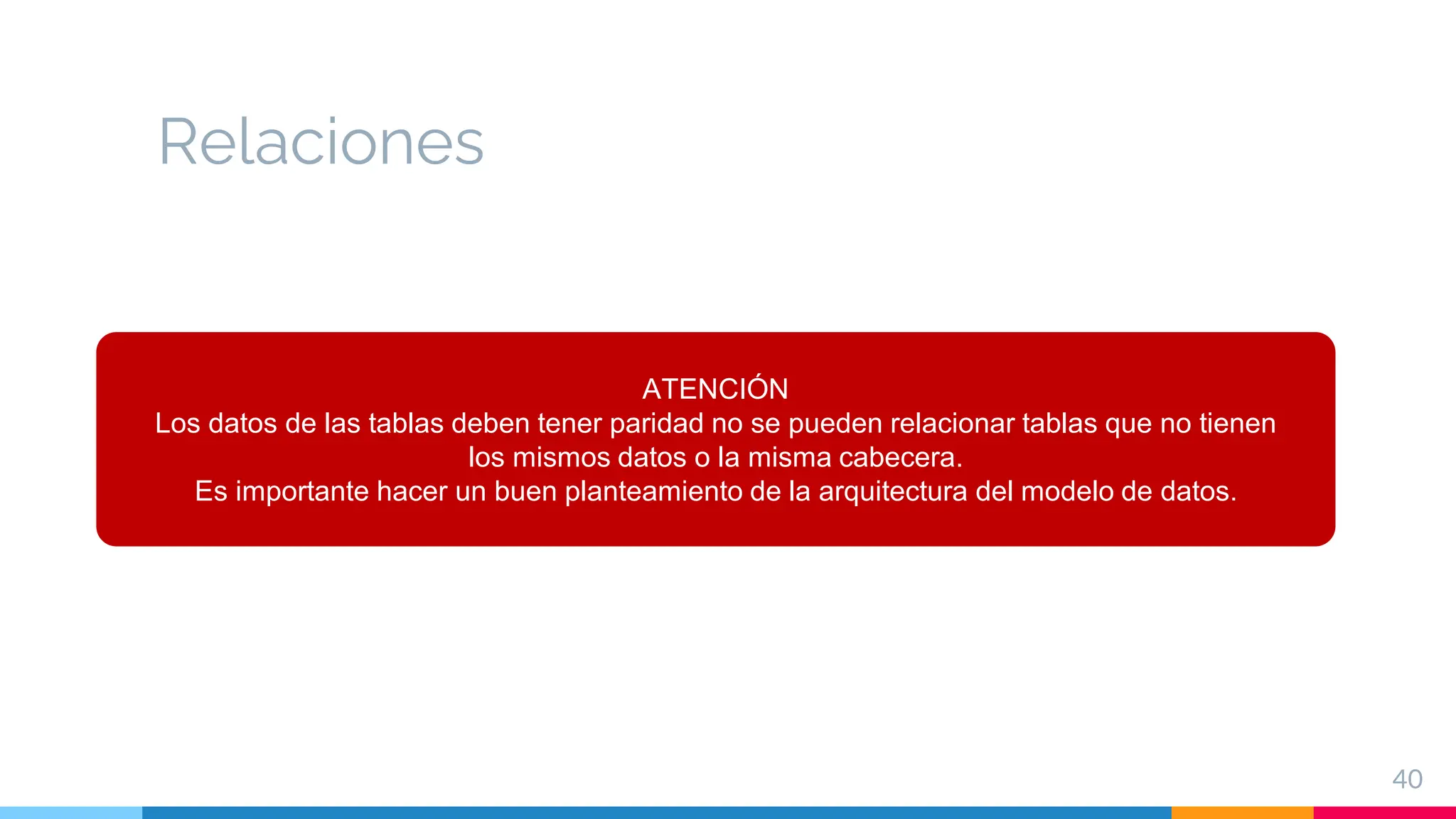 Relaciones
40
ATENCIÓN
Los datos de las tablas deben tener paridad no se pueden relacionar tablas que no tienen
los mismos datos o la misma cabecera.
Es importante hacer un buen planteamiento de la arquitectura del modelo de datos.
 
