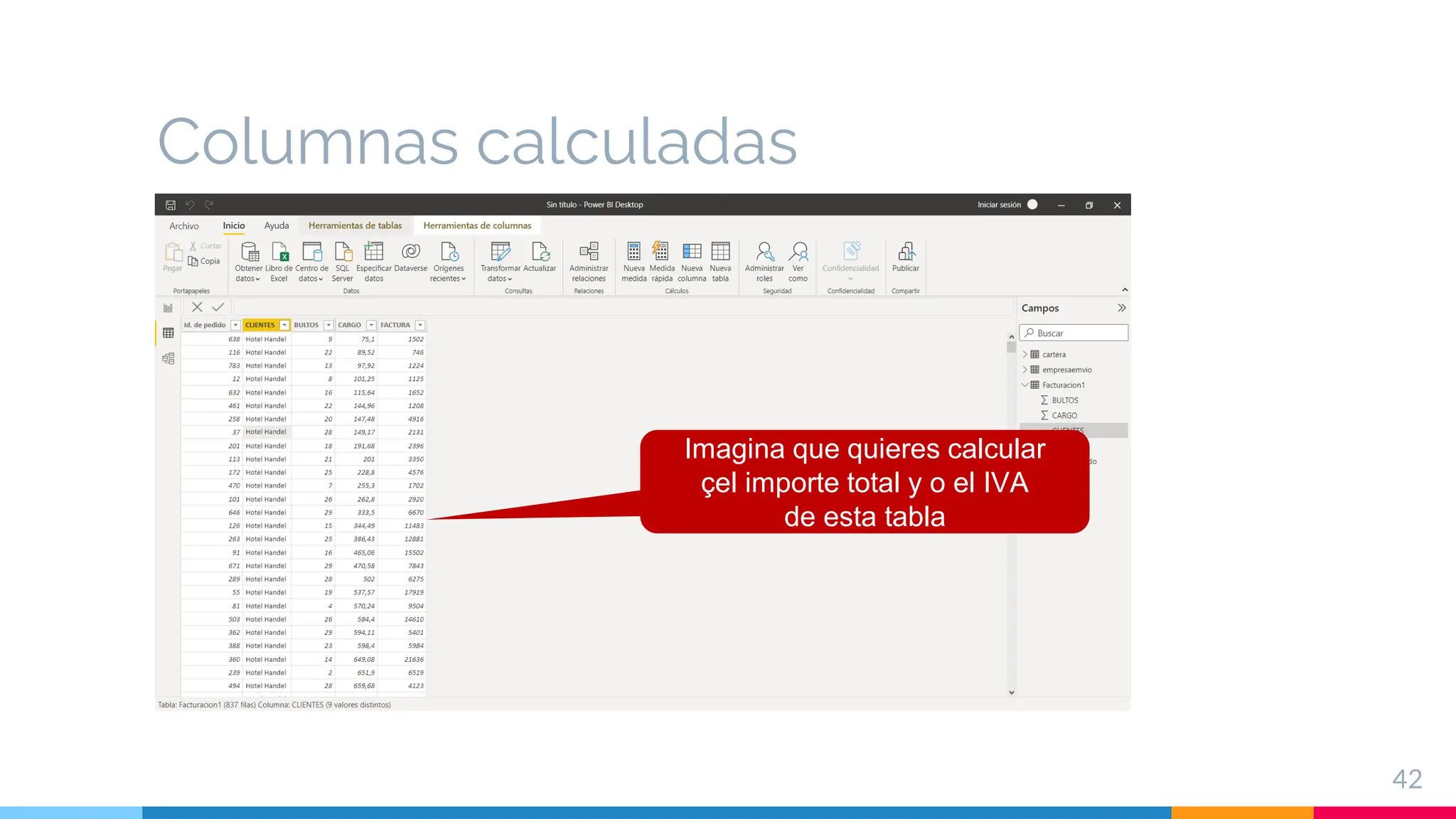 Columnas calculadas
42
Imagina que quieres calcular
çel importe total y o el IVA
de esta tabla
 