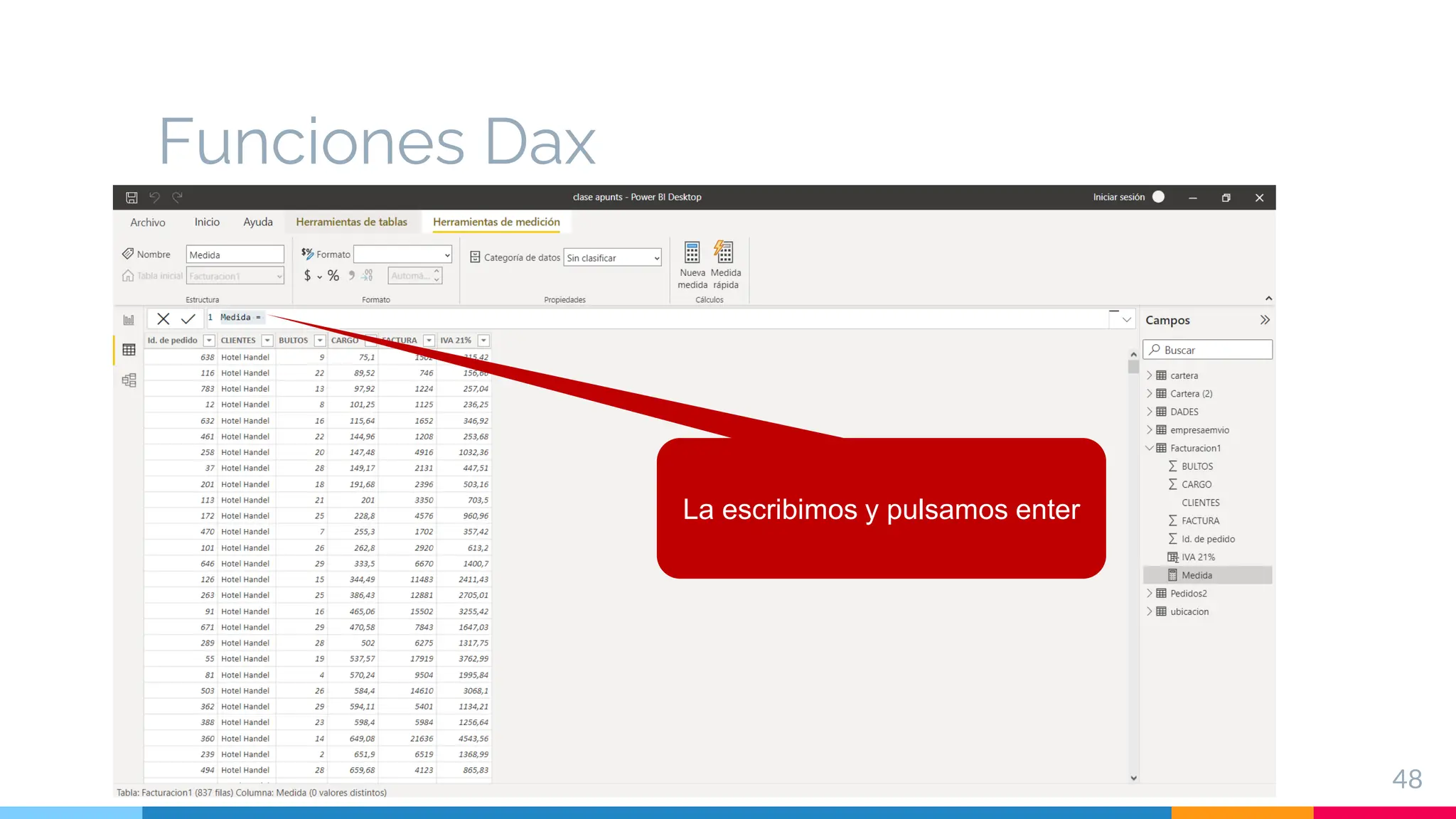Funciones Dax
48
La escribimos y pulsamos enter
 
