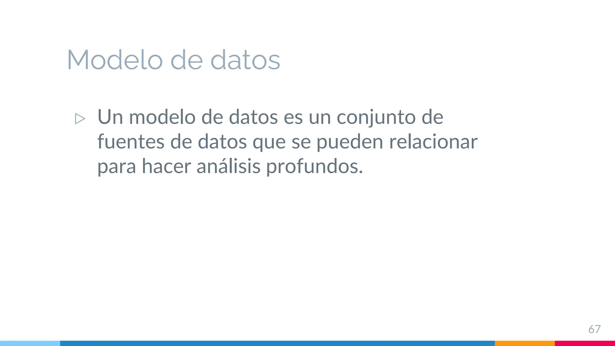 Modelo de datos
▷ Un modelo de datos es un conjunto de
fuentes de datos que se pueden relacionar
para hacer análisis profundos.
67
 