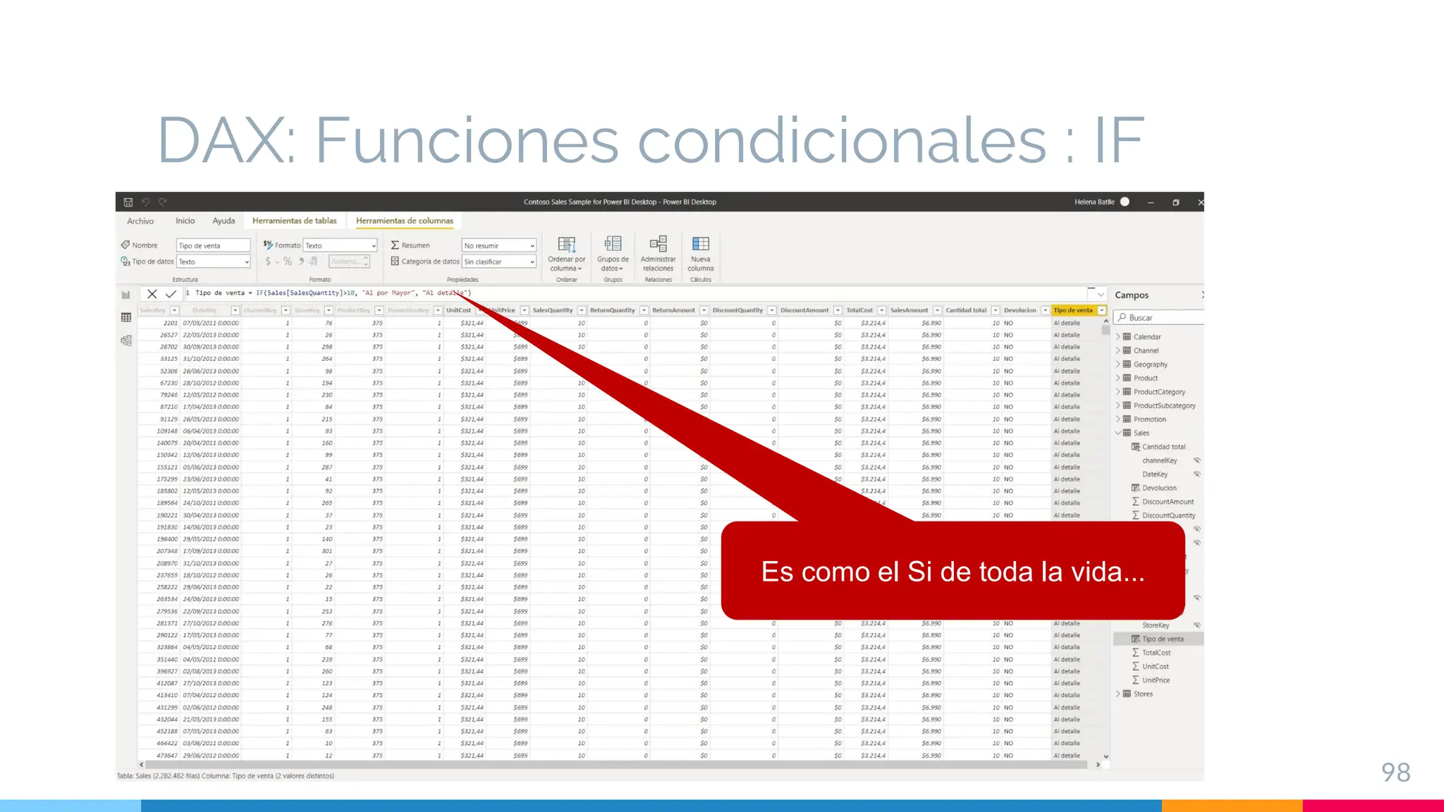 DAX: Funciones condicionales : IF
98
Es como el Si de toda la vida...
 