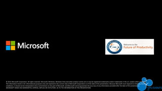 © 2015 Microsoft Corporation. All rights reserved. Microsoft, Windows, Windows Vista and other product names are or may be registered trademarks and/or trademarks in the U.S. and/or other countries.
The information herein is for informational purposes only and represents the current view of Microsoft Corporation as of the date of this presentation. Because Microsoft must respond to changing market
conditions, it should not be interpreted to be a commitment on the part of Microsoft, and Microsoft cannot guarantee the accuracy of any information provided after the date of this presentation.
MICROSOFT MAKES NO WARRANTIES, EXPRESS, IMPLIED OR STATUTORY, AS TO THE INFORMATION IN THIS PRESENTATION.
 