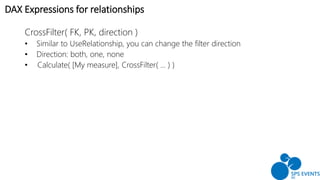 CrossFilter( FK, PK, direction )
• Similar to UseRelationship, you can change the filter direction
• Direction: both, one, none
• Calculate( [My measure], CrossFilter( … ) )
DAX Expressions for relationships
 