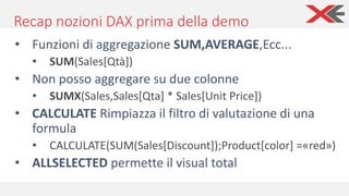 Recap nozioni DAX prima della demo
• Funzioni di aggregazione SUM,AVERAGE,Ecc...
• SUM(Sales[Qtà])
• Non posso aggregare su due colonne
• SUMX(Sales,Sales[Qta] * Sales[Unit Price])
• CALCULATE Rimpiazza il filtro di valutazione di una
formula
• CALCULATE(SUM(Sales[Discount]);Product[color] =«red»)
• ALLSELECTED permette il visual total
 