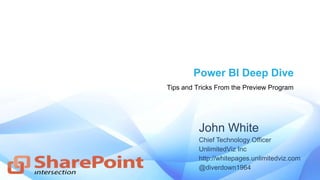 Power BI Deep Dive
Tips and Tricks From the Preview Program
John White
Chief Technology Officer
UnlimitedViz Inc
http://whitepages.unlimitedviz.com
@diverdown1964
 