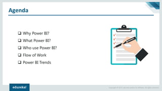 Copyright © 2017, edureka and/or its affiliates. All rights reserved.
Agenda
 Why Power BI?
 What Power BI?
 Who use Power BI?
 Flow of Work
 Power BI Trends
 