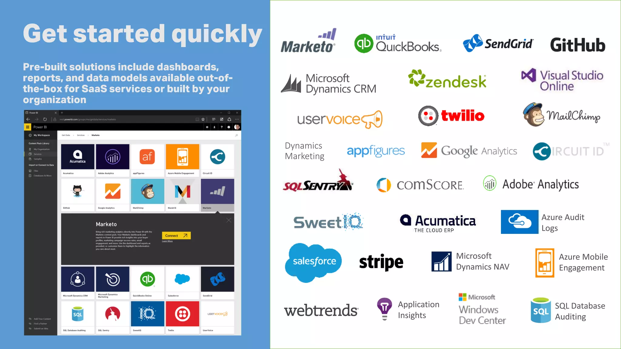 Pre-built solutions include dashboards,
reports, and data models available out-of-
the-box for SaaS services or built by your
organization
Get started quickly
 