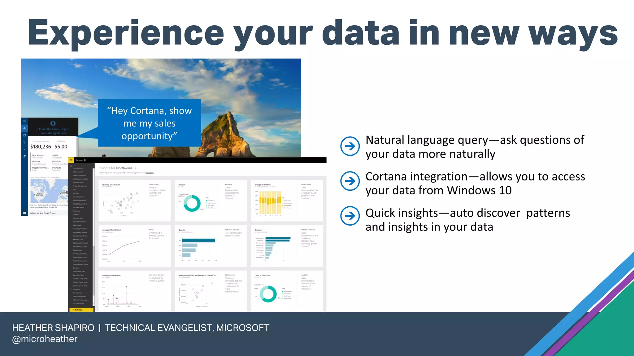 Experience your data in new ways
HEATHER SHAPIRO | TECHNICAL EVANGELIST, MICROSOFT
@microheather
 