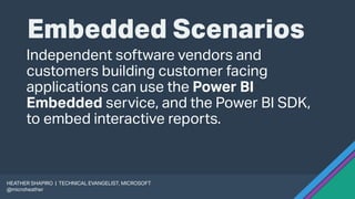 Embedded Scenarios
Independent software vendors and
customers building customer facing
applications can use the Power BI
Embedded service, and the Power BI SDK,
to embed interactive reports.
HEATHER SHAPIRO | TECHNICAL EVANGELIST, MICROSOFT
@microheather
 