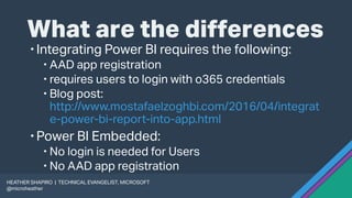 What are the differences
Integrating Power BI requires the following:
 AAD app registration
 requires users to login with o365 credentials
 Blog post:
http://www.mostafaelzoghbi.com/2016/04/integrat
e-power-bi-report-into-app.html
Power BI Embedded:
 No login is needed for Users
 No AAD app registration
HEATHER SHAPIRO | TECHNICAL EVANGELIST, MICROSOFT
@microheather
 