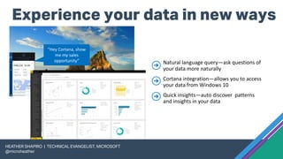 Experience your data in new ways
HEATHER SHAPIRO | TECHNICAL EVANGELIST, MICROSOFT
@microheather
 