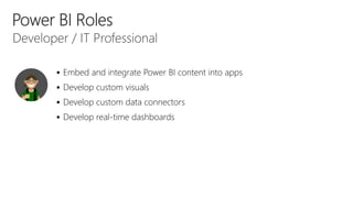  Embed and integrate Power BI content into apps
 Develop custom visuals
 Develop custom data connectors
 Develop real-time dashboards
 