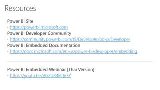 https://powerbi.microsoft.com
https://community.powerbi.com/t5/Developer/bd-p/Developer
https://docs.microsoft.com/en-us/power-bi/developer/embedding
https://youtu.be/VGzUR4kQn3Y
 