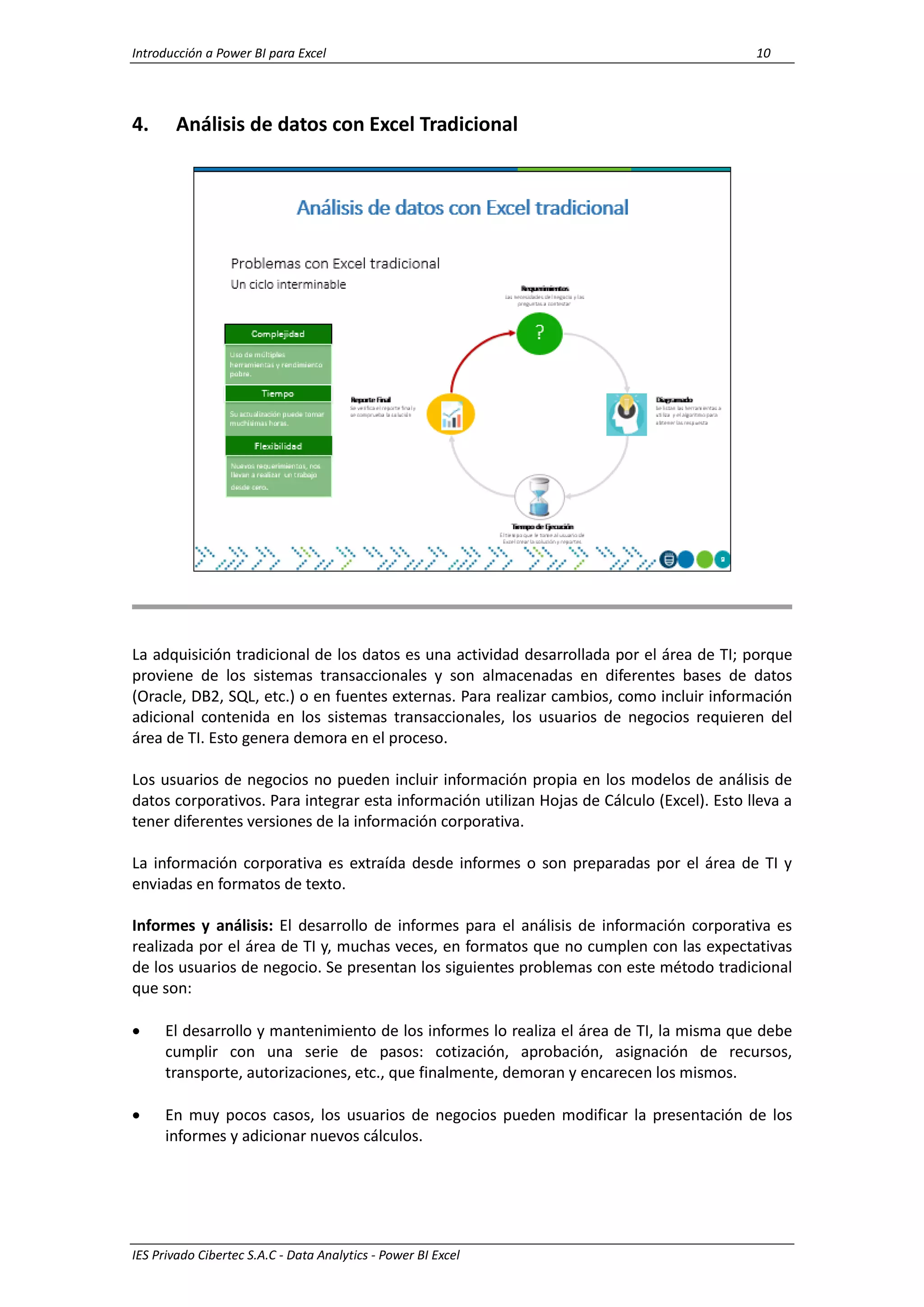 Introducción a Power BI para Excel 10
IES Privado Cibertec S.A.C - Data Analytics - Power BI Excel
4. Análisis de datos con Excel Tradicional
La adquisición tradicional de los datos es una actividad desarrollada por el área de TI; porque
proviene de los sistemas transaccionales y son almacenadas en diferentes bases de datos
(Oracle, DB2, SQL, etc.) o en fuentes externas. Para realizar cambios, como incluir información
adicional contenida en los sistemas transaccionales, los usuarios de negocios requieren del
área de TI. Esto genera demora en el proceso.
Los usuarios de negocios no pueden incluir información propia en los modelos de análisis de
datos corporativos. Para integrar esta información utilizan Hojas de Cálculo (Excel). Esto lleva a
tener diferentes versiones de la información corporativa.
La información corporativa es extraída desde informes o son preparadas por el área de TI y
enviadas en formatos de texto.
Informes y análisis: El desarrollo de informes para el análisis de información corporativa es
realizada por el área de TI y, muchas veces, en formatos que no cumplen con las expectativas
de los usuarios de negocio. Se presentan los siguientes problemas con este método tradicional
que son:
 El desarrollo y mantenimiento de los informes lo realiza el área de TI, la misma que debe
cumplir con una serie de pasos: cotización, aprobación, asignación de recursos,
transporte, autorizaciones, etc., que finalmente, demoran y encarecen los mismos.
 En muy pocos casos, los usuarios de negocios pueden modificar la presentación de los
informes y adicionar nuevos cálculos.
 