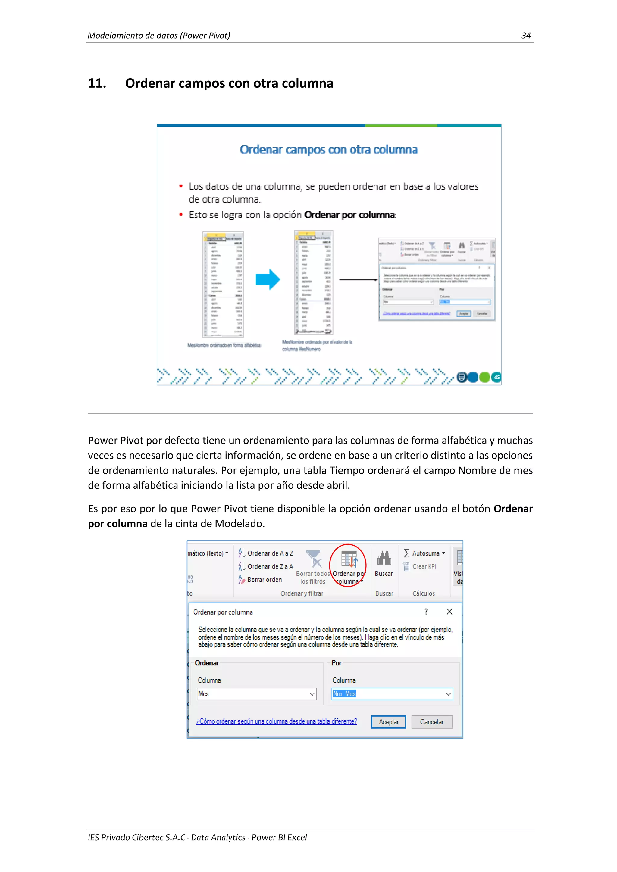 Modelamiento de datos (Power Pivot) 34
IES Privado Cibertec S.A.C - Data Analytics - Power BI Excel
11. Ordenar campos con otra columna
Power Pivot por defecto tiene un ordenamiento para las columnas de forma alfabética y muchas
veces es necesario que cierta información, se ordene en base a un criterio distinto a las opciones
de ordenamiento naturales. Por ejemplo, una tabla Tiempo ordenará el campo Nombre de mes
de forma alfabética iniciando la lista por año desde abril.
Es por eso por lo que Power Pivot tiene disponible la opción ordenar usando el botón Ordenar
por columna de la cinta de Modelado.
 