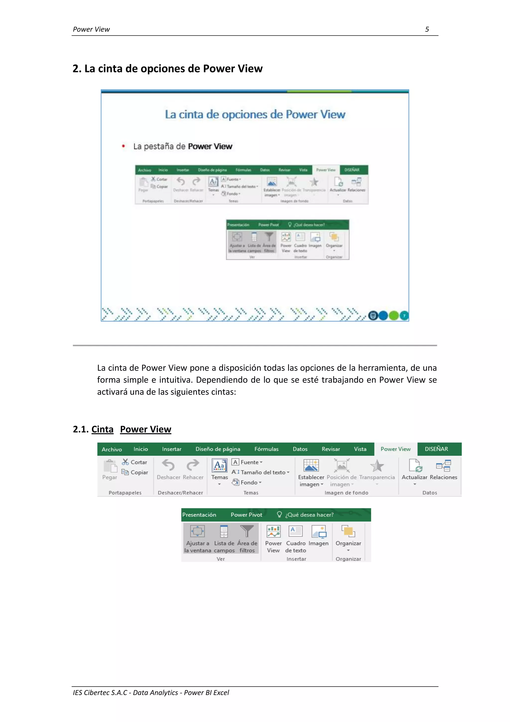 Power View 5
IES Cibertec S.A.C - Data Analytics - Power BI Excel
2. La cinta de opciones de Power View
La cinta de Power View pone a disposición todas las opciones de la herramienta, de una
forma simple e intuitiva. Dependiendo de lo que se esté trabajando en Power View se
activará una de las siguientes cintas:
2.1. Cinta Power View
 