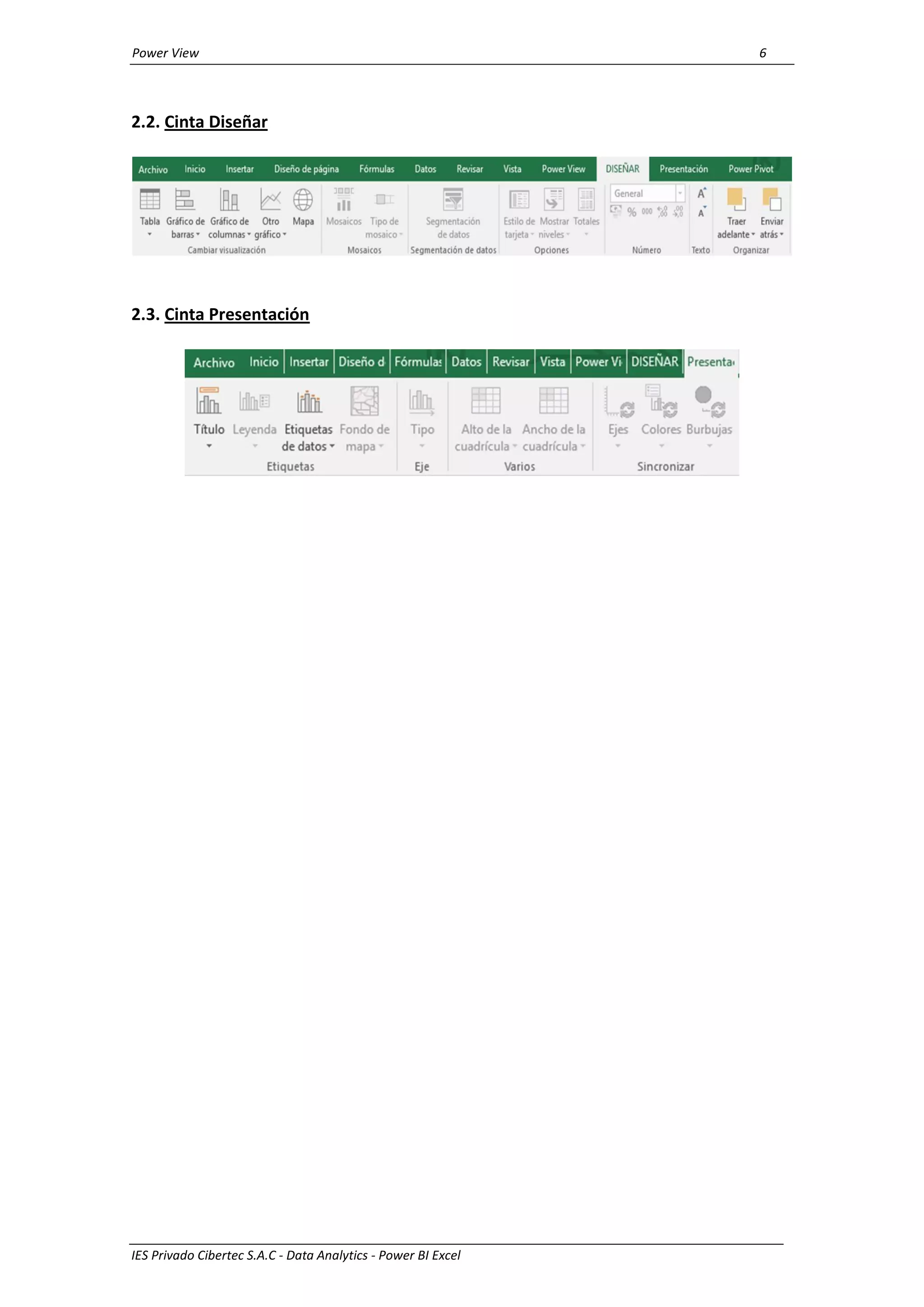 Power View 6
IES Privado Cibertec S.A.C - Data Analytics - Power BI Excel
2.2. Cinta Diseñar
2.3. Cinta Presentación
 