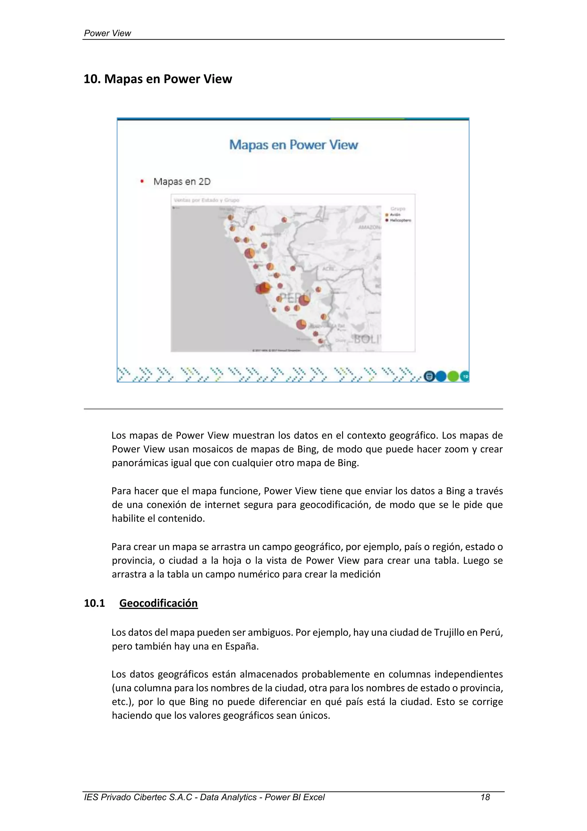 Power View
IES Privado Cibertec S.A.C - Data Analytics - Power BI Excel 18
10. Mapas en Power View
Los mapas de Power View muestran los datos en el contexto geográfico. Los mapas de
Power View usan mosaicos de mapas de Bing, de modo que puede hacer zoom y crear
panorámicas igual que con cualquier otro mapa de Bing.
Para hacer que el mapa funcione, Power View tiene que enviar los datos a Bing a través
de una conexión de internet segura para geocodificación, de modo que se le pide que
habilite el contenido.
Para crear un mapa se arrastra un campo geográfico, por ejemplo, país o región, estado o
provincia, o ciudad a la hoja o la vista de Power View para crear una tabla. Luego se
arrastra a la tabla un campo numérico para crear la medición
10.1 Geocodificación
Los datos del mapa pueden ser ambiguos. Por ejemplo, hay una ciudad de Trujillo en Perú,
pero también hay una en España.
Los datos geográficos están almacenados probablemente en columnas independientes
(una columna para los nombres de la ciudad, otra para los nombres de estado o provincia,
etc.), por lo que Bing no puede diferenciar en qué país está la ciudad. Esto se corrige
haciendo que los valores geográficos sean únicos.
 