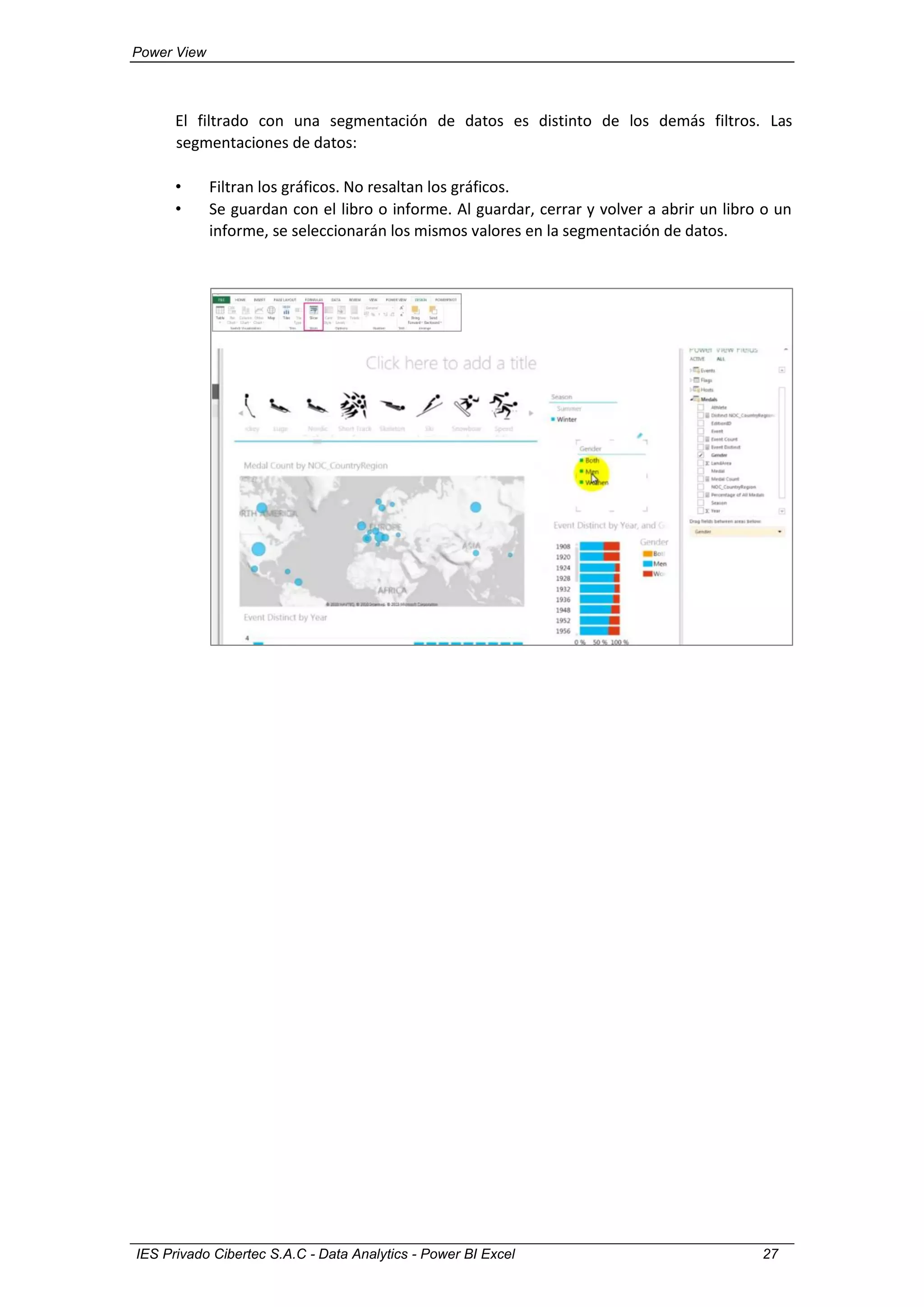 Power View
IES Privado Cibertec S.A.C - Data Analytics - Power BI Excel 27
El filtrado con una segmentación de datos es distinto de los demás filtros. Las
segmentaciones de datos:
• Filtran los gráficos. No resaltan los gráficos.
• Se guardan con el libro o informe. Al guardar, cerrar y volver a abrir un libro o un
informe, se seleccionarán los mismos valores en la segmentación de datos.
 