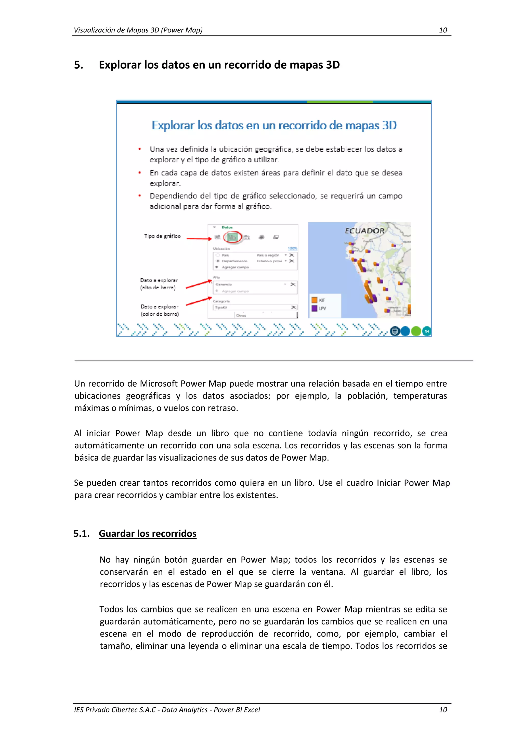 Visualización de Mapas 3D (Power Map) 10
IES Privado Cibertec S.A.C - Data Analytics - Power BI Excel 10
5. Explorar los datos en un recorrido de mapas 3D
Un recorrido de Microsoft Power Map puede mostrar una relación basada en el tiempo entre
ubicaciones geográficas y los datos asociados; por ejemplo, la población, temperaturas
máximas o mínimas, o vuelos con retraso.
Al iniciar Power Map desde un libro que no contiene todavía ningún recorrido, se crea
automáticamente un recorrido con una sola escena. Los recorridos y las escenas son la forma
básica de guardar las visualizaciones de sus datos de Power Map.
Se pueden crear tantos recorridos como quiera en un libro. Use el cuadro Iniciar Power Map
para crear recorridos y cambiar entre los existentes.
5.1. Guardar los recorridos
No hay ningún botón guardar en Power Map; todos los recorridos y las escenas se
conservarán en el estado en el que se cierre la ventana. Al guardar el libro, los
recorridos y las escenas de Power Map se guardarán con él.
Todos los cambios que se realicen en una escena en Power Map mientras se edita se
guardarán automáticamente, pero no se guardarán los cambios que se realicen en una
escena en el modo de reproducción de recorrido, como, por ejemplo, cambiar el
tamaño, eliminar una leyenda o eliminar una escala de tiempo. Todos los recorridos se
 