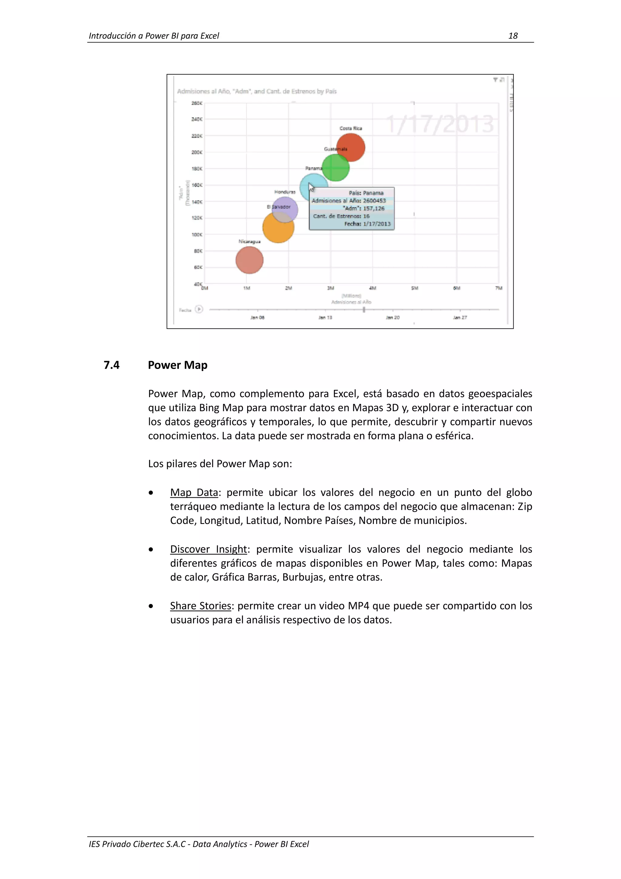 Introducción a Power BI para Excel 18
IES Privado Cibertec S.A.C - Data Analytics - Power BI Excel
7.4 Power Map
Power Map, como complemento para Excel, está basado en datos geoespaciales
que utiliza Bing Map para mostrar datos en Mapas 3D y, explorar e interactuar con
los datos geográficos y temporales, lo que permite, descubrir y compartir nuevos
conocimientos. La data puede ser mostrada en forma plana o esférica.
Los pilares del Power Map son:
 Map Data: permite ubicar los valores del negocio en un punto del globo
terráqueo mediante la lectura de los campos del negocio que almacenan: Zip
Code, Longitud, Latitud, Nombre Países, Nombre de municipios.
 Discover Insight: permite visualizar los valores del negocio mediante los
diferentes gráficos de mapas disponibles en Power Map, tales como: Mapas
de calor, Gráfica Barras, Burbujas, entre otras.
 Share Stories: permite crear un video MP4 que puede ser compartido con los
usuarios para el análisis respectivo de los datos.
 