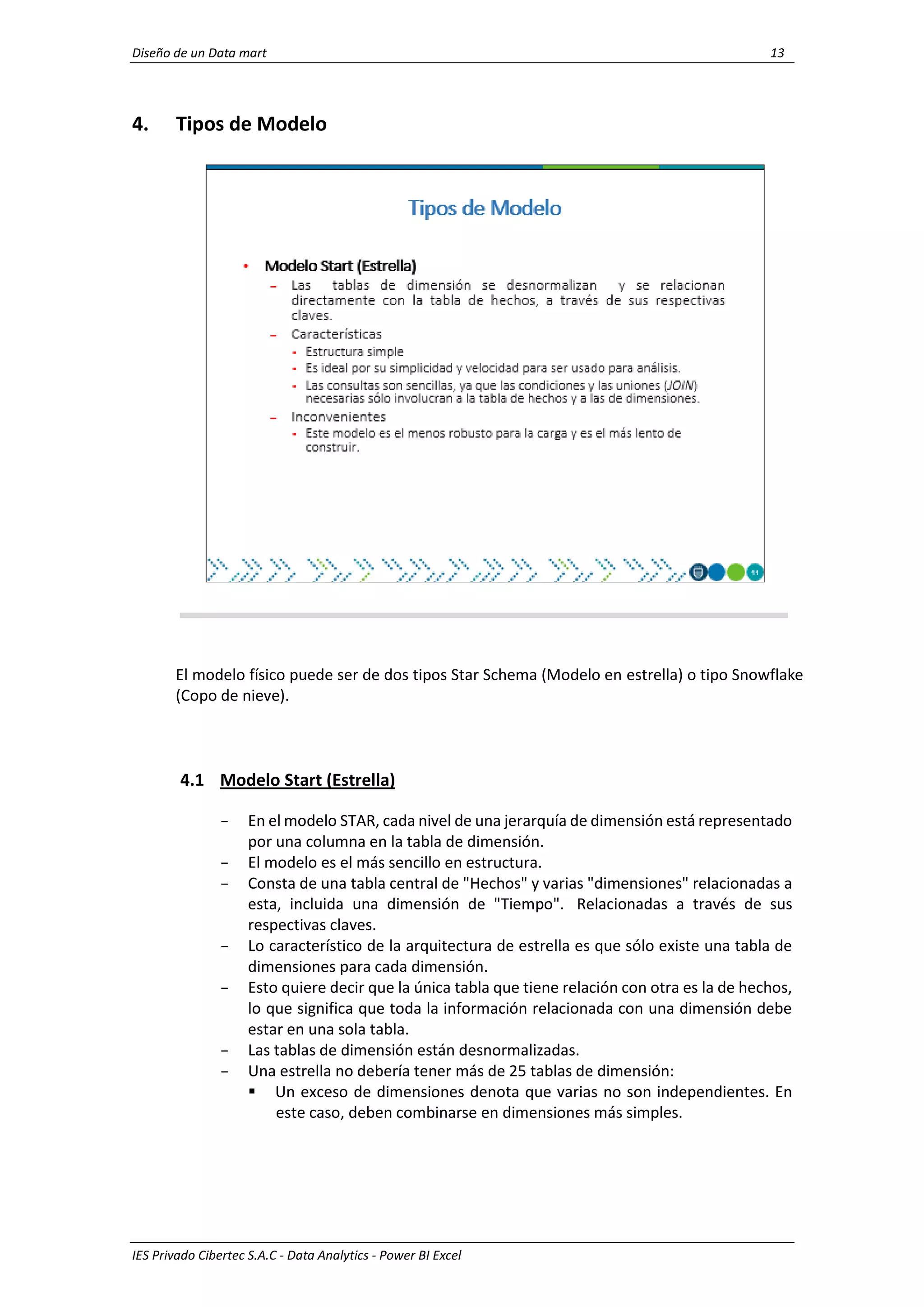 Diseño de un Data mart 13
IES Privado Cibertec S.A.C - Data Analytics - Power BI Excel
4. Tipos de Modelo
El modelo físico puede ser de dos tipos Star Schema (Modelo en estrella) o tipo Snowflake
(Copo de nieve).
4.1 Modelo Start (Estrella)
- En el modelo STAR, cada nivel de una jerarquía de dimensión está representado
por una columna en la tabla de dimensión.
- El modelo es el más sencillo en estructura.
- Consta de una tabla central de "Hechos" y varias "dimensiones" relacionadas a
esta, incluida una dimensión de "Tiempo". Relacionadas a través de sus
respectivas claves.
- Lo característico de la arquitectura de estrella es que sólo existe una tabla de
dimensiones para cada dimensión.
- Esto quiere decir que la única tabla que tiene relación con otra es la de hechos,
lo que significa que toda la información relacionada con una dimensión debe
estar en una sola tabla.
- Las tablas de dimensión están desnormalizadas.
- Una estrella no debería tener más de 25 tablas de dimensión:
 Un exceso de dimensiones denota que varias no son independientes. En
este caso, deben combinarse en dimensiones más simples.
 