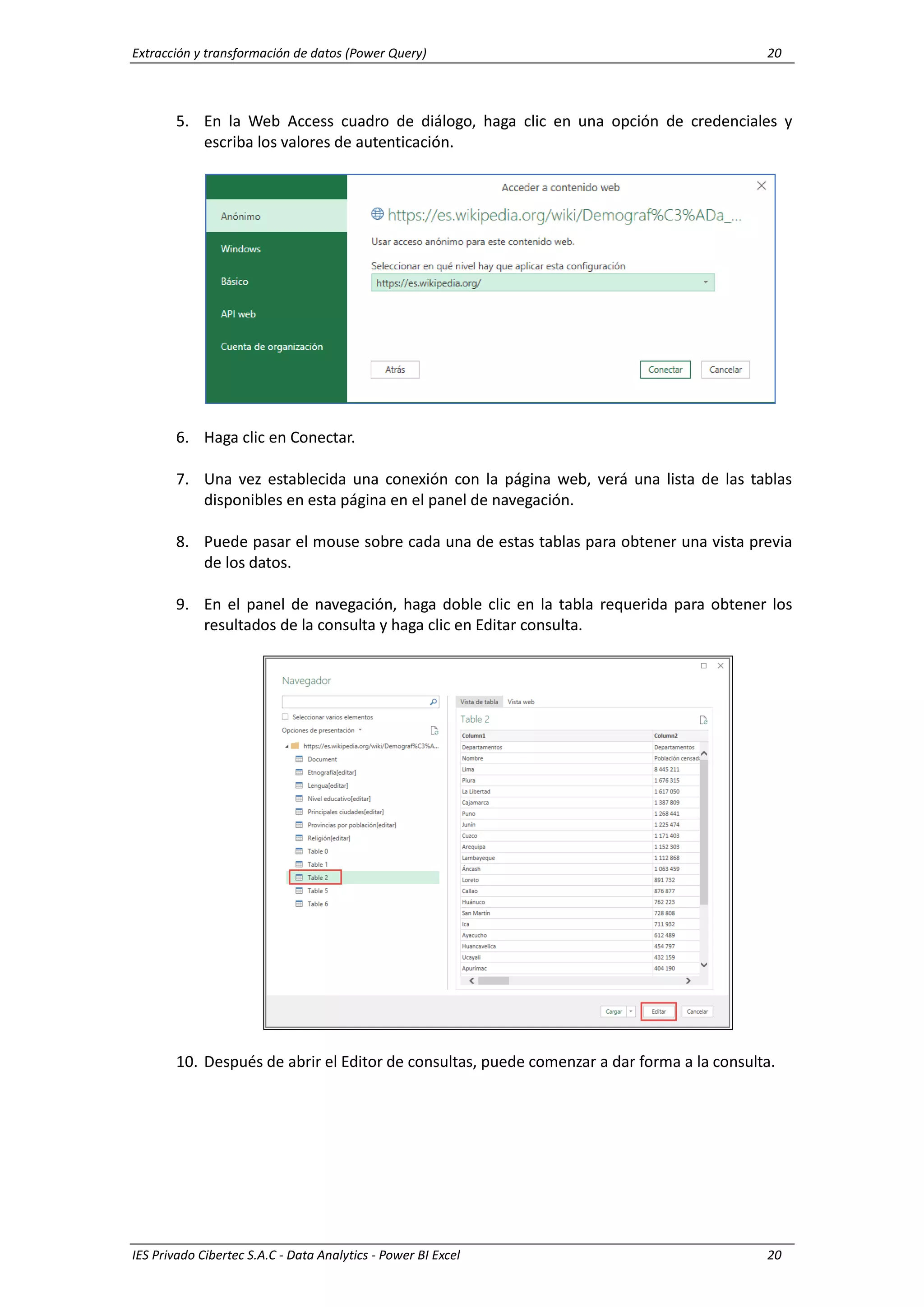 Extracción y transformación de datos (Power Query) 20
IES Privado Cibertec S.A.C - Data Analytics - Power BI Excel 20
5. En la Web Access cuadro de diálogo, haga clic en una opción de credenciales y
escriba los valores de autenticación.
6. Haga clic en Conectar.
7. Una vez establecida una conexión con la página web, verá una lista de las tablas
disponibles en esta página en el panel de navegación.
8. Puede pasar el mouse sobre cada una de estas tablas para obtener una vista previa
de los datos.
9. En el panel de navegación, haga doble clic en la tabla requerida para obtener los
resultados de la consulta y haga clic en Editar consulta.
10. Después de abrir el Editor de consultas, puede comenzar a dar forma a la consulta.
 