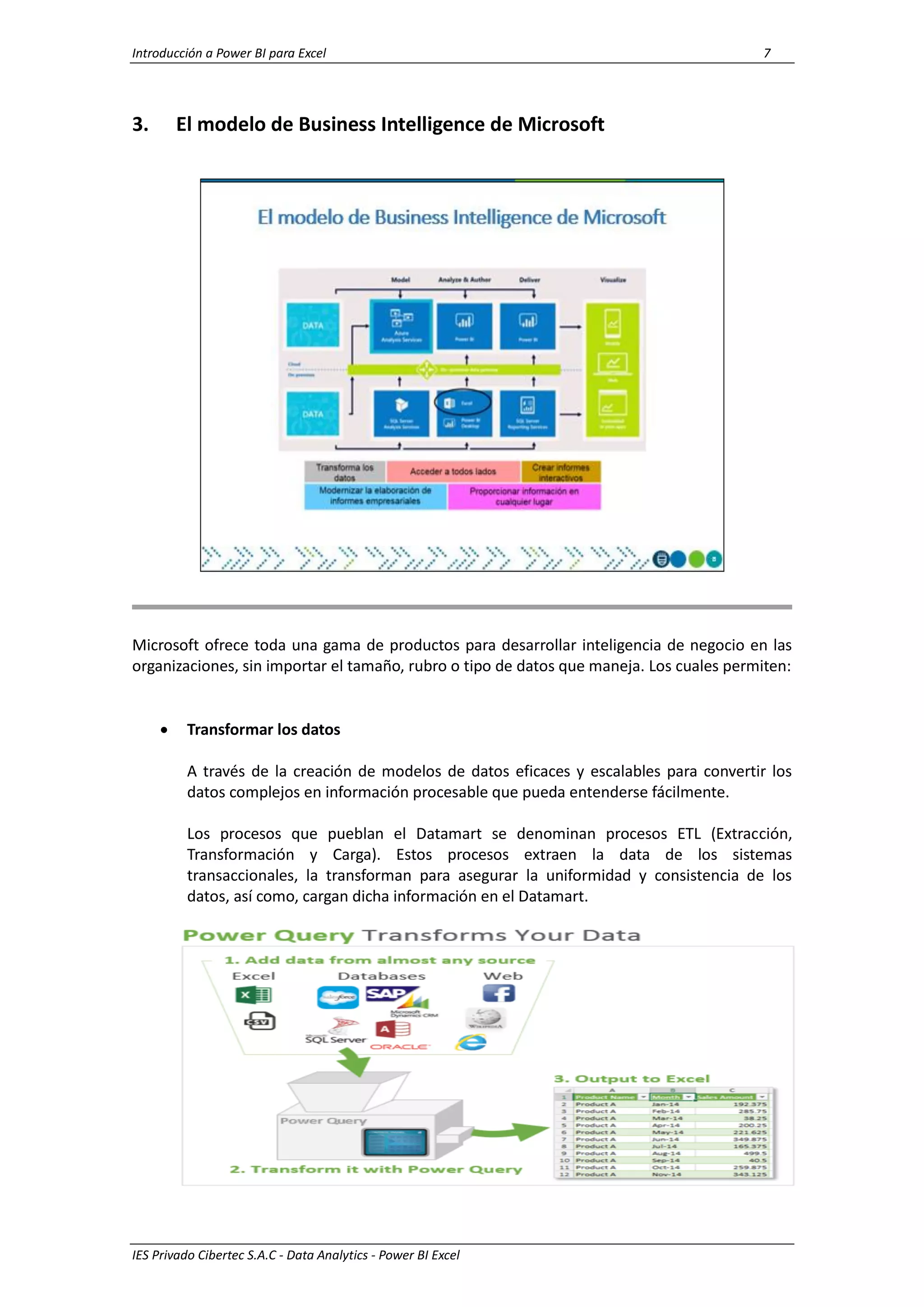 Introducción a Power BI para Excel 7
IES Privado Cibertec S.A.C - Data Analytics - Power BI Excel
3. El modelo de Business Intelligence de Microsoft
Microsoft ofrece toda una gama de productos para desarrollar inteligencia de negocio en las
organizaciones, sin importar el tamaño, rubro o tipo de datos que maneja. Los cuales permiten:
 Transformar los datos
A través de la creación de modelos de datos eficaces y escalables para convertir los
datos complejos en información procesable que pueda entenderse fácilmente.
Los procesos que pueblan el Datamart se denominan procesos ETL (Extracción,
Transformación y Carga). Estos procesos extraen la data de los sistemas
transaccionales, la transforman para asegurar la uniformidad y consistencia de los
datos, así como, cargan dicha información en el Datamart.
 