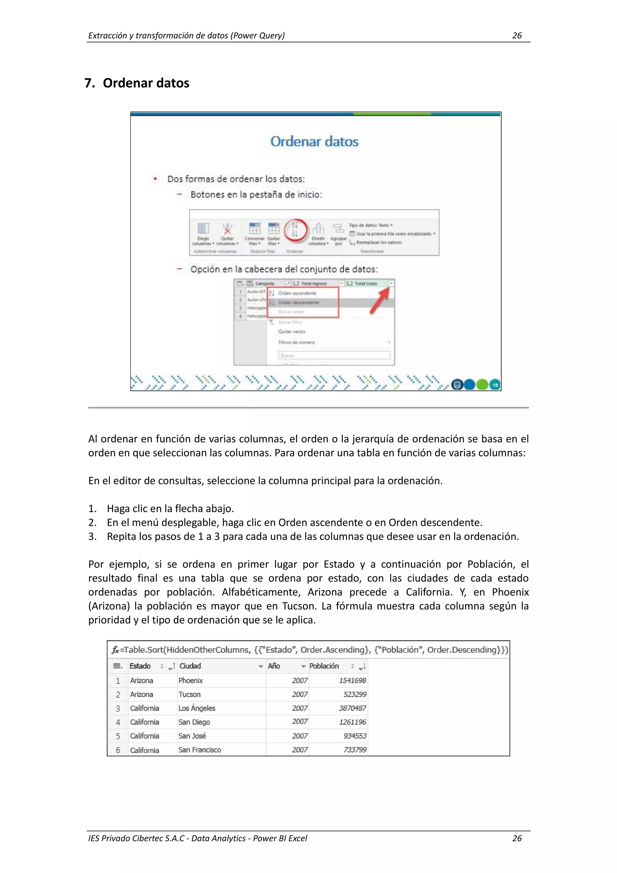 Extracción y transformación de datos (Power Query) 26
IES Privado Cibertec S.A.C - Data Analytics - Power BI Excel 26
7. Ordenar datos
Al ordenar en función de varias columnas, el orden o la jerarquía de ordenación se basa en el
orden en que seleccionan las columnas. Para ordenar una tabla en función de varias columnas:
En el editor de consultas, seleccione la columna principal para la ordenación.
1. Haga clic en la flecha abajo.
2. En el menú desplegable, haga clic en Orden ascendente o en Orden descendente.
3. Repita los pasos de 1 a 3 para cada una de las columnas que desee usar en la ordenación.
Por ejemplo, si se ordena en primer lugar por Estado y a continuación por Población, el
resultado final es una tabla que se ordena por estado, con las ciudades de cada estado
ordenadas por población. Alfabéticamente, Arizona precede a California. Y, en Phoenix
(Arizona) la población es mayor que en Tucson. La fórmula muestra cada columna según la
prioridad y el tipo de ordenación que se le aplica.
 