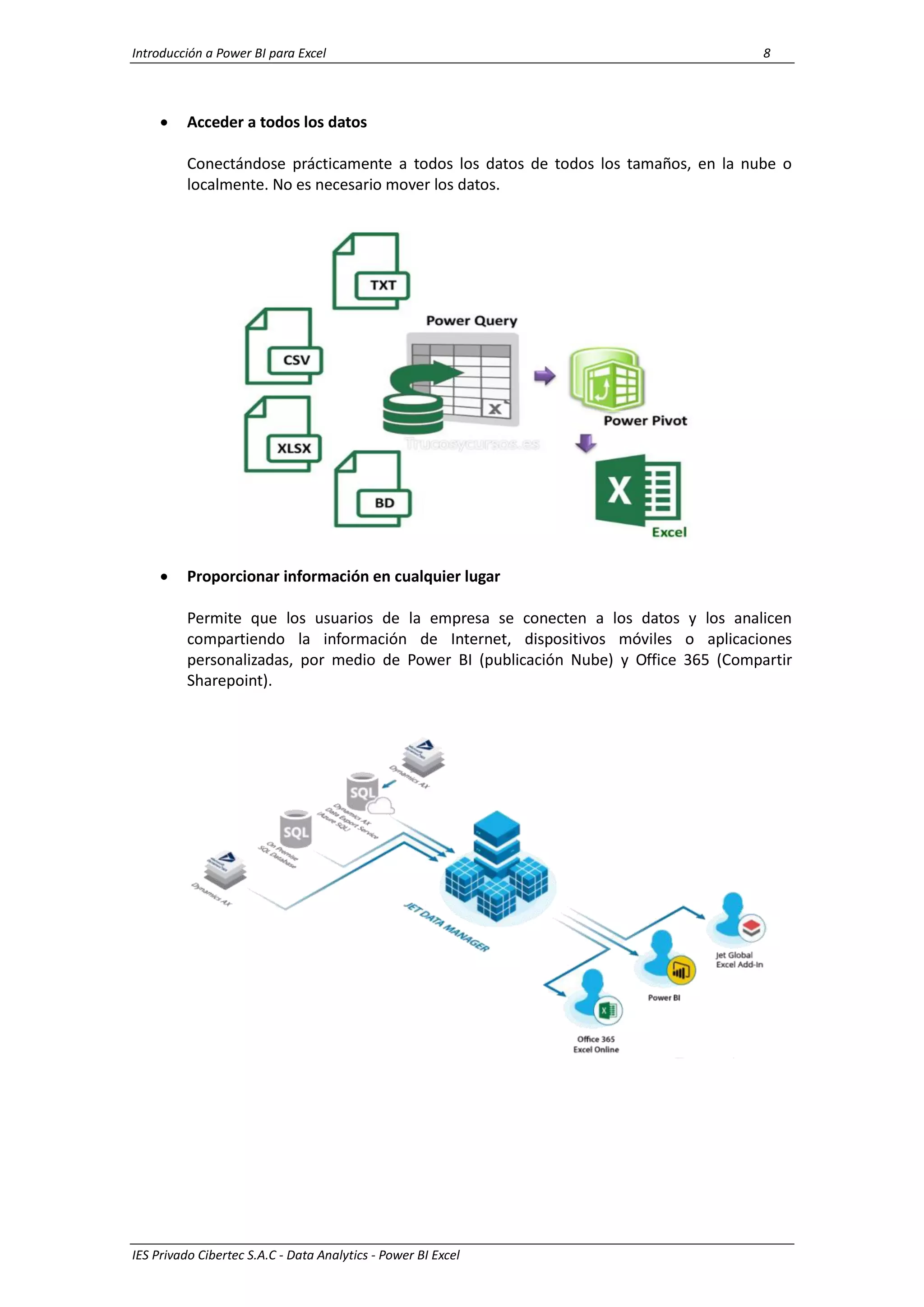 Introducción a Power BI para Excel 8
IES Privado Cibertec S.A.C - Data Analytics - Power BI Excel
 Acceder a todos los datos
Conectándose prácticamente a todos los datos de todos los tamaños, en la nube o
localmente. No es necesario mover los datos.
 Proporcionar información en cualquier lugar
Permite que los usuarios de la empresa se conecten a los datos y los analicen
compartiendo la información de Internet, dispositivos móviles o aplicaciones
personalizadas, por medio de Power BI (publicación Nube) y Office 365 (Compartir
Sharepoint).
 