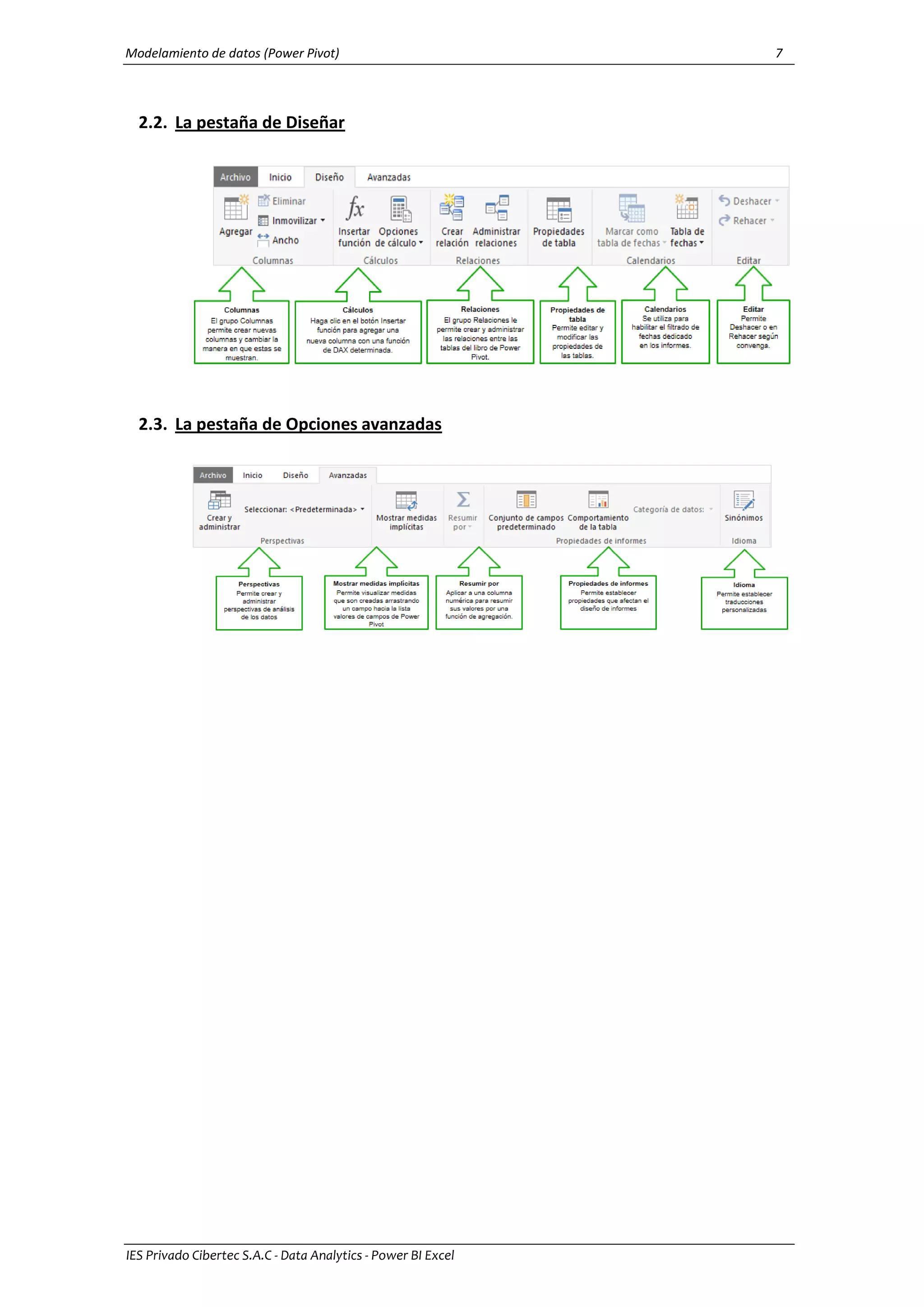 Modelamiento de datos (Power Pivot) 7
IES Privado Cibertec S.A.C - Data Analytics - Power BI Excel
2.2. La pestaña de Diseñar
2.3. La pestaña de Opciones avanzadas
 