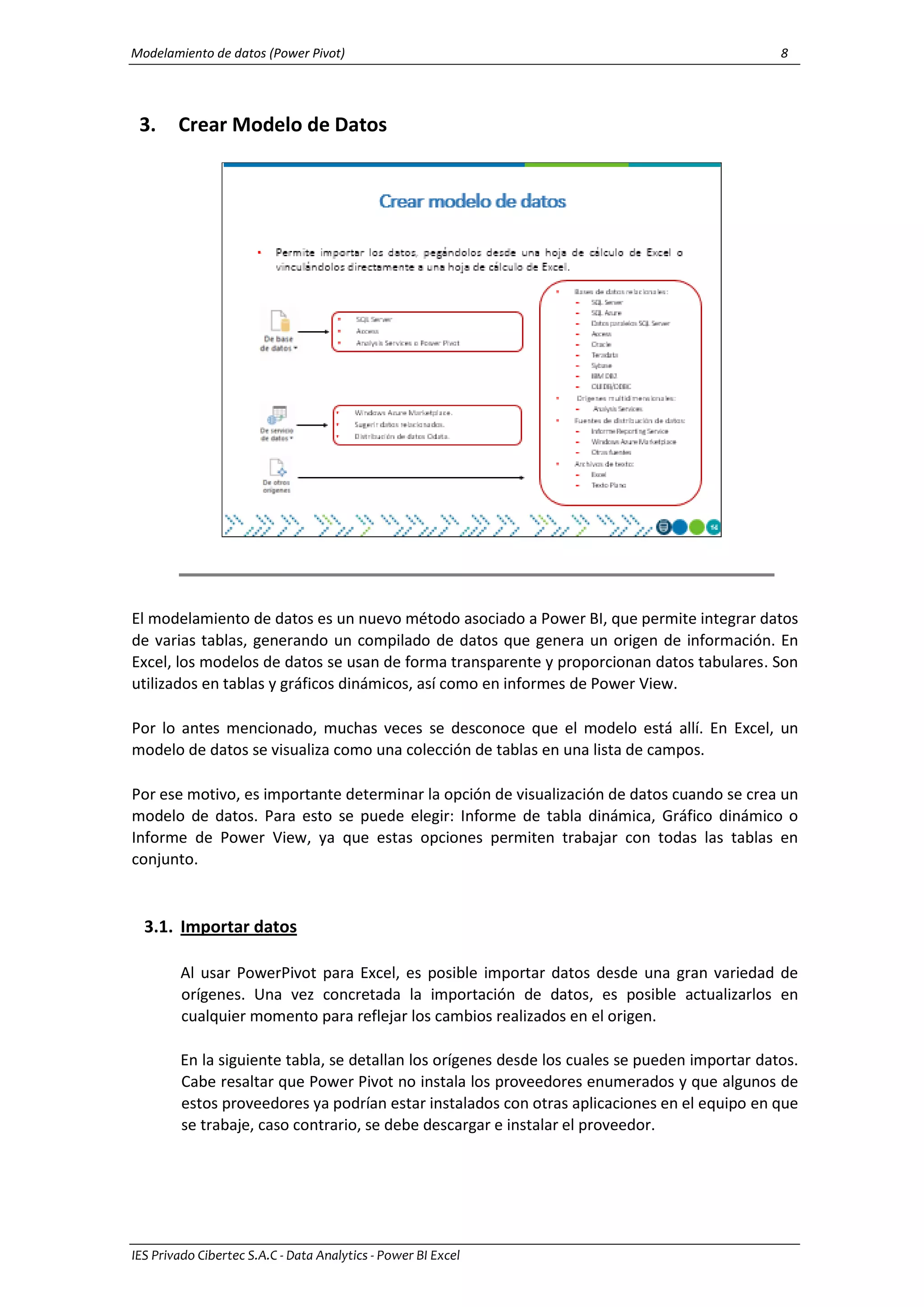 Modelamiento de datos (Power Pivot) 8
IES Privado Cibertec S.A.C - Data Analytics - Power BI Excel
3. Crear Modelo de Datos
El modelamiento de datos es un nuevo método asociado a Power BI, que permite integrar datos
de varias tablas, generando un compilado de datos que genera un origen de información. En
Excel, los modelos de datos se usan de forma transparente y proporcionan datos tabulares. Son
utilizados en tablas y gráficos dinámicos, así como en informes de Power View.
Por lo antes mencionado, muchas veces se desconoce que el modelo está allí. En Excel, un
modelo de datos se visualiza como una colección de tablas en una lista de campos.
Por ese motivo, es importante determinar la opción de visualización de datos cuando se crea un
modelo de datos. Para esto se puede elegir: Informe de tabla dinámica, Gráfico dinámico o
Informe de Power View, ya que estas opciones permiten trabajar con todas las tablas en
conjunto.
3.1. Importar datos
Al usar PowerPivot para Excel, es posible importar datos desde una gran variedad de
orígenes. Una vez concretada la importación de datos, es posible actualizarlos en
cualquier momento para reflejar los cambios realizados en el origen.
En la siguiente tabla, se detallan los orígenes desde los cuales se pueden importar datos.
Cabe resaltar que Power Pivot no instala los proveedores enumerados y que algunos de
estos proveedores ya podrían estar instalados con otras aplicaciones en el equipo en que
se trabaje, caso contrario, se debe descargar e instalar el proveedor.
 