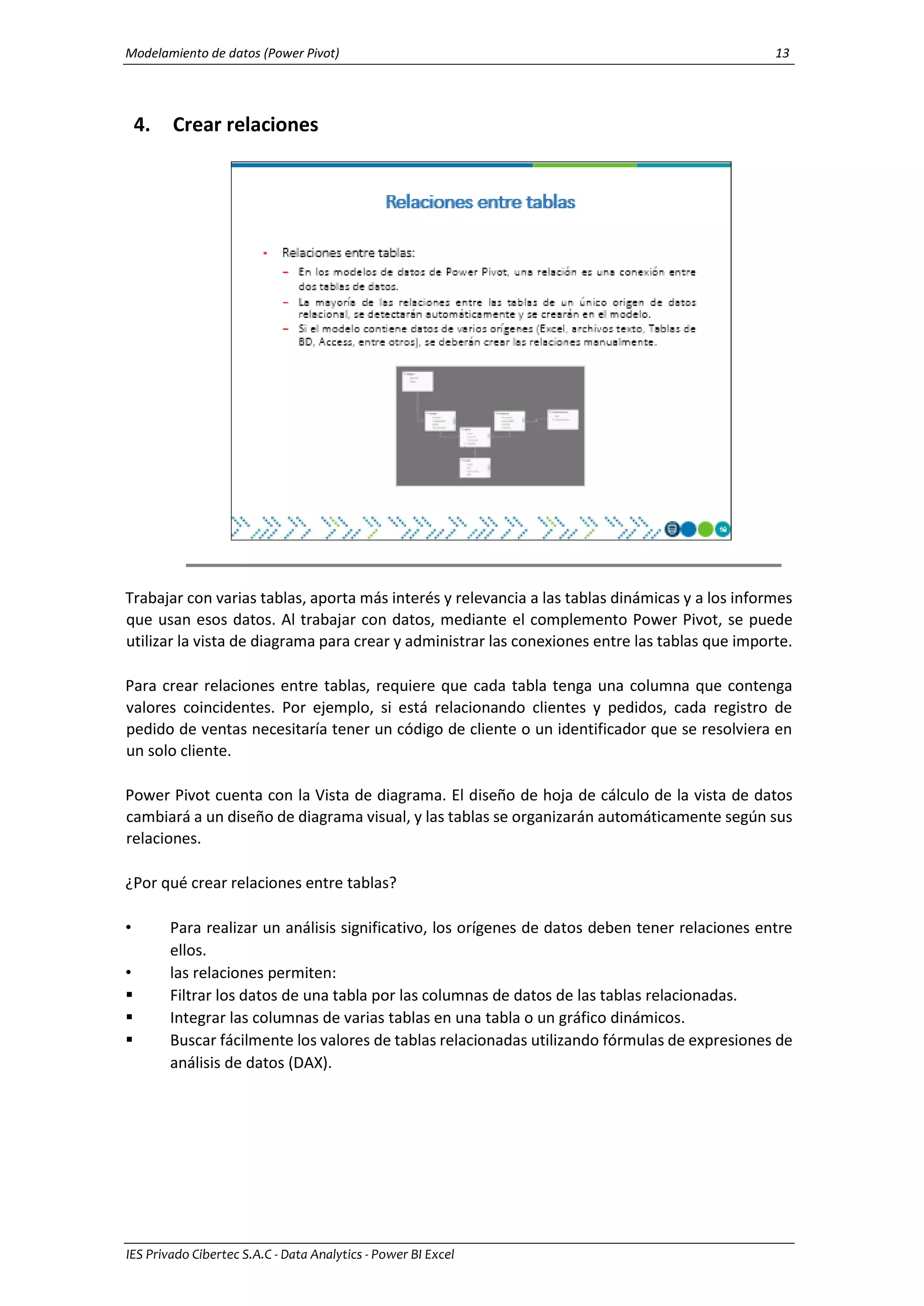 Modelamiento de datos (Power Pivot) 13
IES Privado Cibertec S.A.C - Data Analytics - Power BI Excel
4. Crear relaciones
Trabajar con varias tablas, aporta más interés y relevancia a las tablas dinámicas y a los informes
que usan esos datos. Al trabajar con datos, mediante el complemento Power Pivot, se puede
utilizar la vista de diagrama para crear y administrar las conexiones entre las tablas que importe.
Para crear relaciones entre tablas, requiere que cada tabla tenga una columna que contenga
valores coincidentes. Por ejemplo, si está relacionando clientes y pedidos, cada registro de
pedido de ventas necesitaría tener un código de cliente o un identificador que se resolviera en
un solo cliente.
Power Pivot cuenta con la Vista de diagrama. El diseño de hoja de cálculo de la vista de datos
cambiará a un diseño de diagrama visual, y las tablas se organizarán automáticamente según sus
relaciones.
¿Por qué crear relaciones entre tablas?
• Para realizar un análisis significativo, los orígenes de datos deben tener relaciones entre
ellos.
• las relaciones permiten:
 Filtrar los datos de una tabla por las columnas de datos de las tablas relacionadas.
 Integrar las columnas de varias tablas en una tabla o un gráfico dinámicos.
 Buscar fácilmente los valores de tablas relacionadas utilizando fórmulas de expresiones de
análisis de datos (DAX).
 