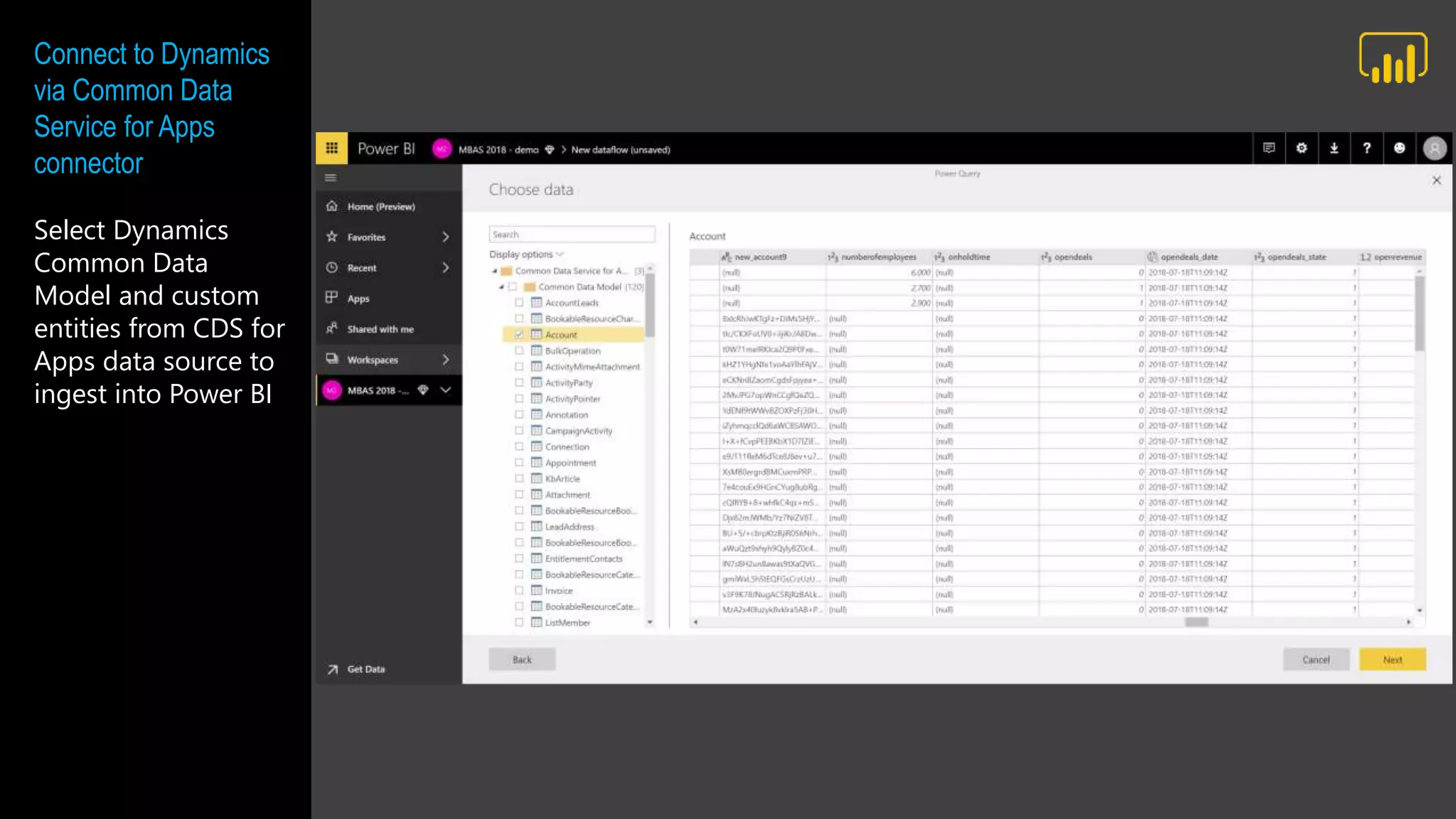 Connect to Dynamics
via Common Data
Service for Apps
connector
Select Dynamics
Common Data
Model and custom
entities from CDS for
Apps data source to
ingest into Power BI
 