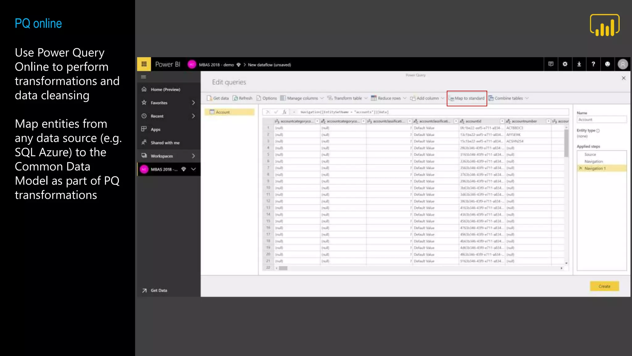 PQ online
Use Power Query
Online to perform
transformations and
data cleansing
Map entities from
any data source (e.g.
SQL Azure) to the
Common Data
Model as part of PQ
transformations
 