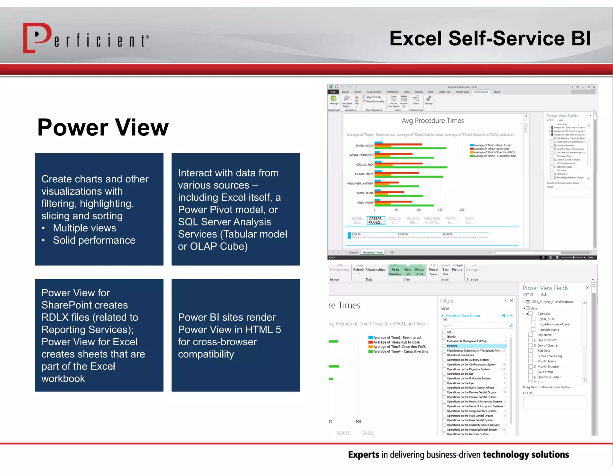 Excel Self-Service BI

Power View
Create charts and other
visualizations with
filtering, highlighting,
slicing and sorting
• Multiple views
• Solid performance

Interact with data from
various sources –
including Excel itself, a
Power Pivot model, or
SQL Server Analysis
Services (Tabular model
or OLAP Cube)

Power View for
SharePoint creates
RDLX files (related to
Reporting Services);
Power View for Excel
creates sheets that are
part of the Excel
workbook

Power BI sites render
Power View in HTML 5
for cross-browser
compatibility

 