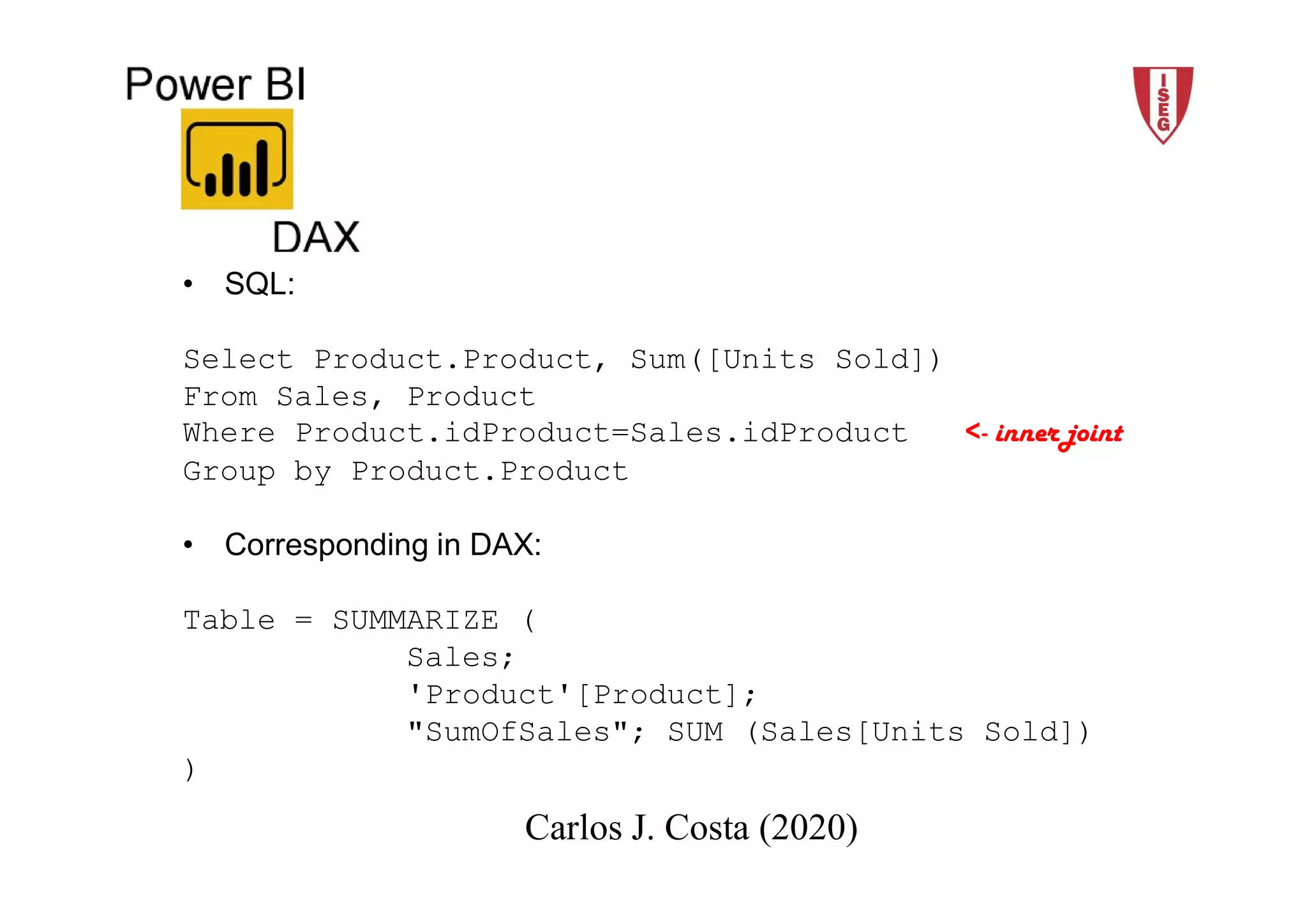 2018/19 11Carlos J. Costa (ISEG)
Carlos J. Costa (2020)
• SQL:
Select Product.Product, Sum([Units Sold])
From Sales, Product
Where Product.idProduct=Sales.idProduct <- inner joint
Group by Product.Product
• Corresponding in DAX:
Table = SUMMARIZE (
Sales;
'Product'[Product];
"SumOfSales"; SUM (Sales[Units Sold])
)
 