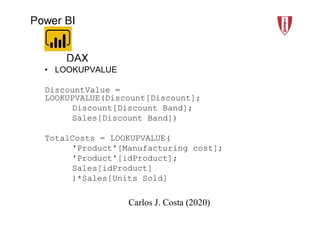 2018/19 8Carlos J. Costa (ISEG)
Carlos J. Costa (2020)
• LOOKUPVALUE
DiscountValue =
LOOKUPVALUE(Discount[Discount];
Discount[Discount Band];
Sales[Discount Band])
TotalCosts = LOOKUPVALUE(
'Product'[Manufacturing cost];
'Product'[idProduct];
Sales[idProduct]
)*Sales[Units Sold]
 