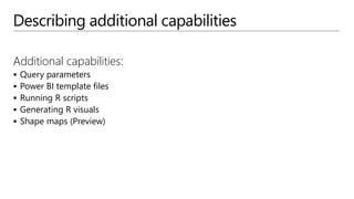 Describing additional capabilities
Additional capabilities:
 Query parameters
 Power BI template files
 Running R scripts
 Generating R visuals
 Shape maps (Preview)
 