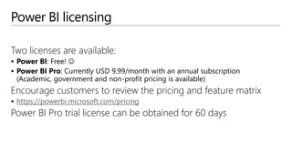 Power BI licensing
Two licenses are available:
 Power BI: Free! 
 Power BI Pro: Currently USD 9.99/month with an annual subscription
(Academic, government and non-profit pricing is available)
Encourage customers to review the pricing and feature matrix
 https://powerbi.microsoft.com/pricing
Power BI Pro trial license can be obtained for 60 days
 