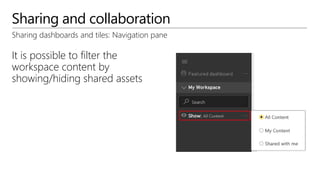 Sharing and collaboration
Sharing dashboards and tiles: Navigation pane
It is possible to filter the
workspace content by
showing/hiding shared assets
 