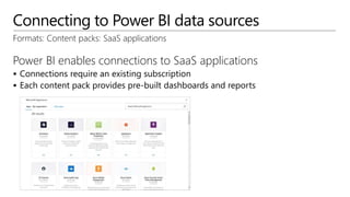 Connecting to Power BI data sources
Formats: Content packs: SaaS applications
Power BI enables connections to SaaS applications
 Connections require an existing subscription
 Each content pack provides pre-built dashboards and reports
 