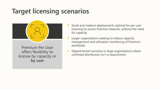 Target licensing scenarios
Premium Per User
offers flexibility to
license by capacity or
by user
Small and medium deployments optimal for per user
licensing to access Premium features, without the need
for capacity.
Larger organizations seeking to reduce capacity
management and utilization monitoring of Premium
workloads.
Departmental scenarios in large organizations where
unlimited distribution isn’t a requirement.
 