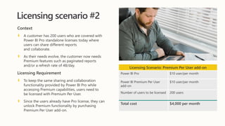 Licensing scenario #2
Context
A customer has 200 users who are covered with
Power BI Pro standalone licenses today where
users can share different reports
and collaborate.
As their needs evolve, the customer now needs
Premium features such as paginated reports
and/or a refresh rate of 48/day.
Licensing Requirement
To keep the same sharing and collaboration
functionality provided by Power BI Pro while
accessing Premium capabilities, users need to
be licensed with Premium Per User.
Since the users already have Pro license, they can
unlock Premium functionality by purchasing
Premium Per User add-on.
Licensing Scenario: Premium Per User add-on
Power BI Pro $10 user/per month
Power BI Premium Per User
add-on
$10 user/per month
Number of users to be licensed 200 users
Total cost $4,000 per month
 