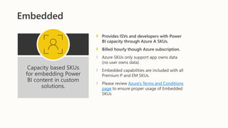 Embedded
Capacity based SKUs
for embedding Power
BI content in custom
solutions.
Provides ISVs and developers with Power
BI capacity through Azure A SKUs.
Billed hourly though Azure subscription.
Azure SKUs only support app owns data
(no user owns data).
Embedded capabilities are included with all
Premium P and EM SKUs.
Please review Azure’s Terms and Conditions
page to ensure proper usage of Embedded
SKUs
 