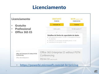7
Licenciamento
Licenciamento
• Gratuito
• Professional
• Office 365 E5
• https://powerbi.microsoft.com/pt-br/pricing
 