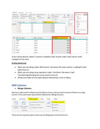 If you clearly observe above 2 columns Complete Date records under Date column itself
changed to Year wise.
So Key points are:
 When you are doing under ADD column Tab means the extra column is adding for that
table (Case 1).
 When you are doing same operation under Transform Tab means it will
Transforming/Changing the same column (Case 2)
 Dimensions table to Fact table default relationship is One To Many.
ADD Columns
 Merge Columns
We have a table withFirstName andLast Name columns.Butwe wantto show Full Name ina single
column.Inthiscase PowerQueryEditor>Addcolumn>Merge Columns.
These are the separatoroptionswhenwe are Mergingthe selectedcolumns.
 