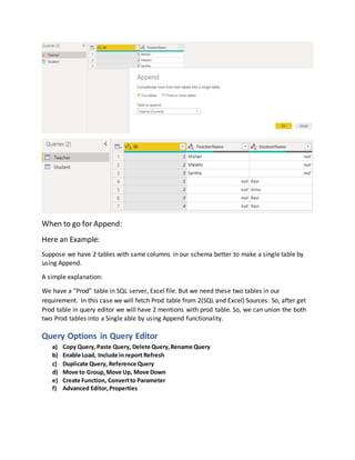 When to go for Append:
Here an Example:
Suppose we have 2 tables with same columns in our schema better to make a single table by
using Append.
A simple explanation:
We have a “Prod” table in SQL server, Excel file. But we need these two tables in our
requirement. In this case we will fetch Prod table from 2(SQL and Excel) Sources. So, after get
Prod table in query editor we will have 2 mentions with prod table. So, we can union the both
two Prod tables into a Single able by using Append functionality.
Query Options in Query Editor
a) Copy Query,Paste Query, Delete Query,Rename Query
b) Enable Load, Include in report Refresh
c) Duplicate Query, Reference Query
d) Move to Group,Move Up, Move Down
e) Create Function, Convertto Parameter
f) Advanced Editor,Properties
 