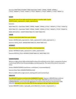 Scenario:NEWTABLE=STUDENT TABLE=DataTable("IDNO",STRING,"NAME",STRING,{
{"STU1","AKASH"},{"STU2","VISHU"},{"STU3","RAGHU"}, {"STU4","KIRAN"},{" STU5","KRISH"} } )
EXCEPT
Returnsthe rowsof one table whichdonot appearin anothertable.Syntax
EXCEPT(<table_expression1>,<table_expression2>)
Scenario:
NEW TABLE ST1 = DataTable("IDNO",STRING,"NAME",STRING,{ {"STU1","AKASH"},{" STU2","VISHU"}})
NEW TABLE ST2 = DataTable("IDNO",STRING,"NAME",STRING,{ {"STU1","AKASH"},{"STU3","KIRAN"}} )
NOW:EXSTU1STU2 = EXCEPT('NEWTABLE ST1','NEW TABLE ST2')
UNION
Createsa union(join) table fromapairof tables.
Syntax:UNION(<table_expression1>,<table_expression2>[,<table_expression>]…)
Scenario:USTU1_STU2= UNION('NEWTABLE ST1','NEW TABLE ST2')
INTERSECT
Returnsthe row intersectionof twotables,retainingduplicates.
Syntax : INTERSECT(<table_expression1>,<table_expression2>)
Scenario:INTSTU1_STU2= INTERSECT('NEWTABLE ST1','NEW TABLE ST2')
GENERATESERIES
Returnsa single columntable containingthe valuesof anarithmeticseries,thatis,asequence of values
inwhicheach differsfromthe precedingbya constantquantity.The name of the columnreturnedis
Value.
Syntax:GENERATESERIES(<startValue>,<endValue>[,<incrementValue>])
Scenario:New Table=GENERATESERIES(1,10,2)
Returnsa table witha single column,startingwith1andincrementby2.
GROUPBY
The GROUPBY functionissimilartothe SUMMARIZE function.However,GROUPBYdoesnotdo an
implicitCALCULATEforany extensioncolumnsthatitadds.GROUPBY permitsanew function,
CURRENTGROUP(),to be usedinside aggregationfunctionsinthe extensioncolumnsthatitadds.
GROUPBY attemptsto reuse the data that hasbeengroupedmakingithighlyperformant.
Syntax:GROUPBY (<table>,[<groupBy_columnName1>],[<name>,<expression>]…)
 