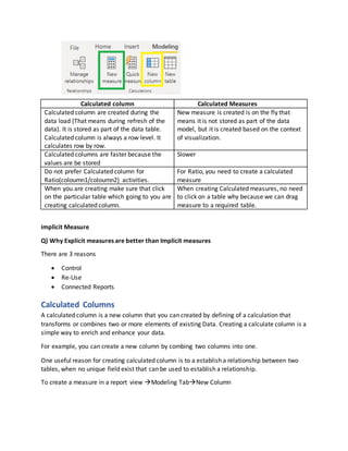 Calculated column Calculated Measures
Calculated column are created during the
data load (That means during refresh of the
data). It is stored as part of the data table.
Calculated column is always a row level. It
calculates row by row.
New measure is created is on the fly that
means it is not stored as part of the data
model, but it is created based on the context
of visualization.
Calculated columns are faster because the
values are be stored
Slower
Do not prefer Calculated column for
Ratio(coloumn1/coloumn2) activities.
For Ratio, you need to create a calculated
measure
When you are creating make sure that click
on the particular table which going to you are
creating calculated column.
When creating Calculated measures, no need
to click on a table why because we can drag
measure to a required table.
implicit Measure
Q) Why Explicit measures are better than Implicit measures
There are 3 reasons
 Control
 Re-Use
 Connected Reports
Calculated Columns
A calculated column is a new column that you can created by defining of a calculation that
transforms or combines two or more elements of existing Data. Creating a calculate column is a
simple way to enrich and enhance your data.
For example, you can create a new column by combing two columns into one.
One useful reason for creating calculated column is to a establish a relationship between two
tables, when no unique field exist that can be used to establish a relationship.
To create a measure in a report view Modeling TabNew Column
 